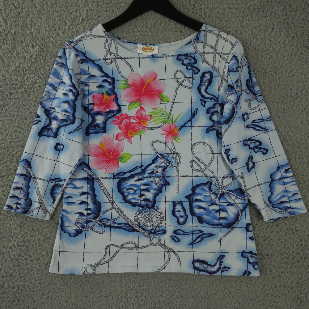 Vintage‎ Talbots Shirt Womens Small Blue Hibiscus Island Map Rope Nautical Top